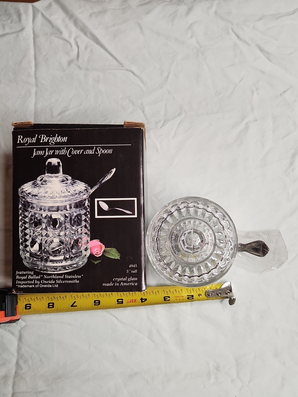 Vintage Royal Brighton Glass Jam Jar Lid Oneida Stainless Spoon NIB 5" 80s